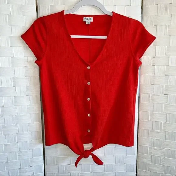 J Crew Cotton Button Down Tie Front Short Sleeve Shirt Red Women’s Size XXS - Picture 9 of 9